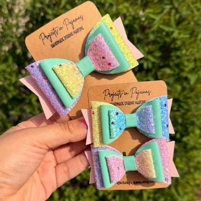 Pastel Rainbow Glitter Faux Leather Hair Bows