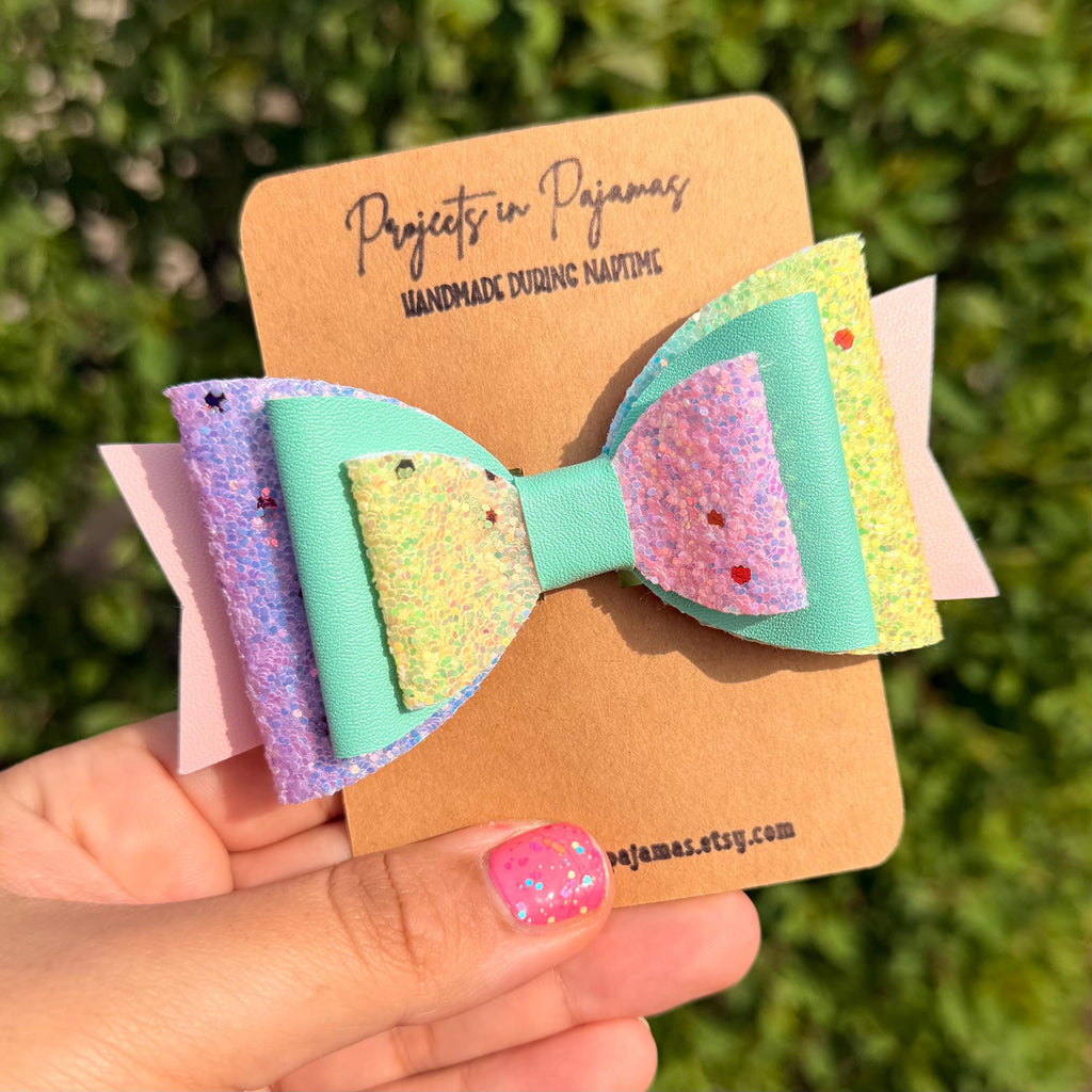 Pastel Rainbow Glitter Faux Leather Hair Bows