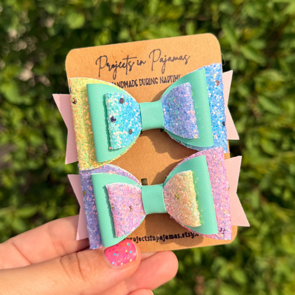 Pastel Rainbow Glitter Faux Leather Hair Bows