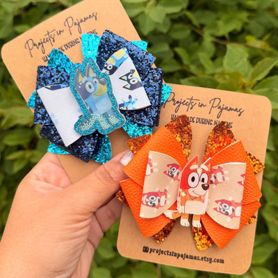 Blue & Orange Dog Faux Leather Hair Bows