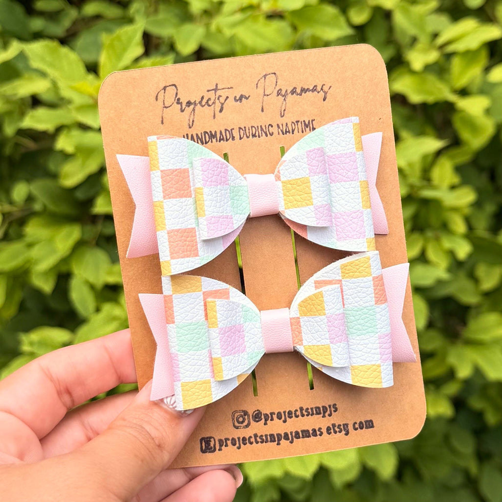 Pastel Checkered Faux Leather Hair Bows