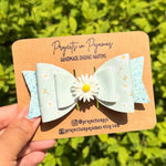 Pastel Blue Daisy Faux Leather Hair Bows