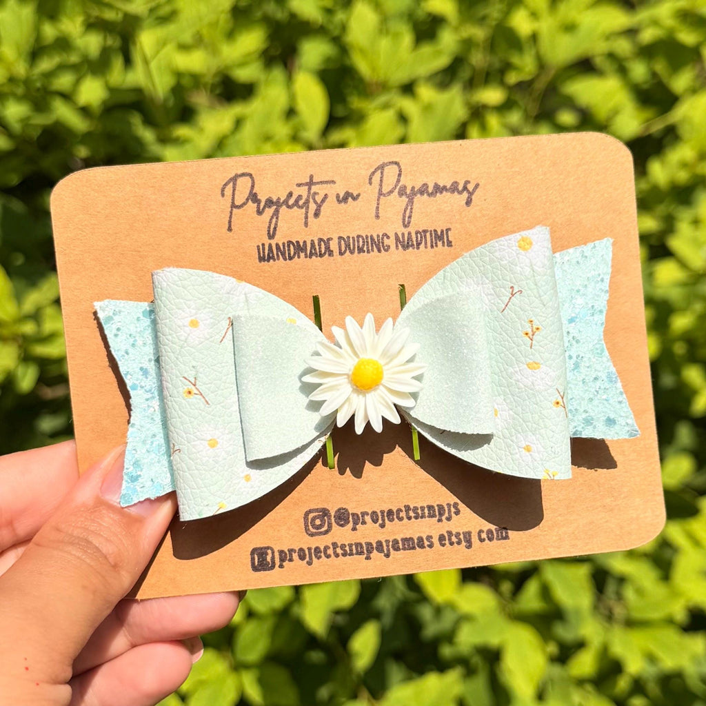 Pastel Blue Daisy Faux Leather Hair Bows