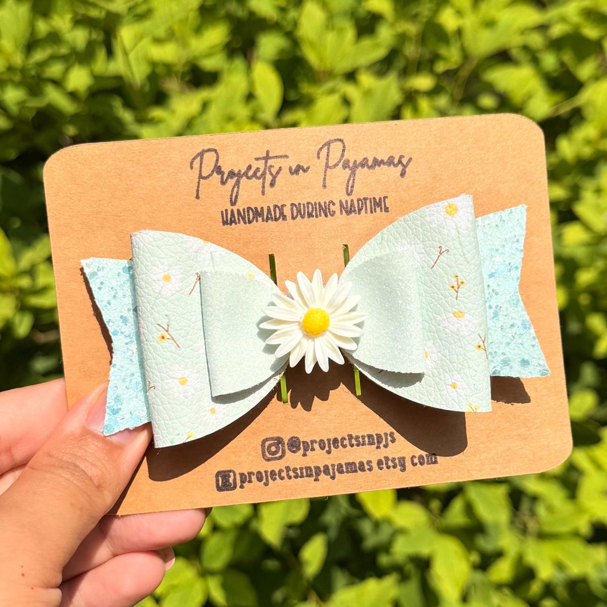 Pastel Blue Daisy Faux Leather Hair Bows