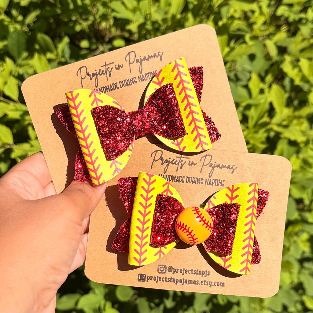 Softball Red Glitter Hair Bow