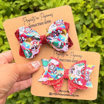Mario Red Faux Leather Glitter Hair Bow