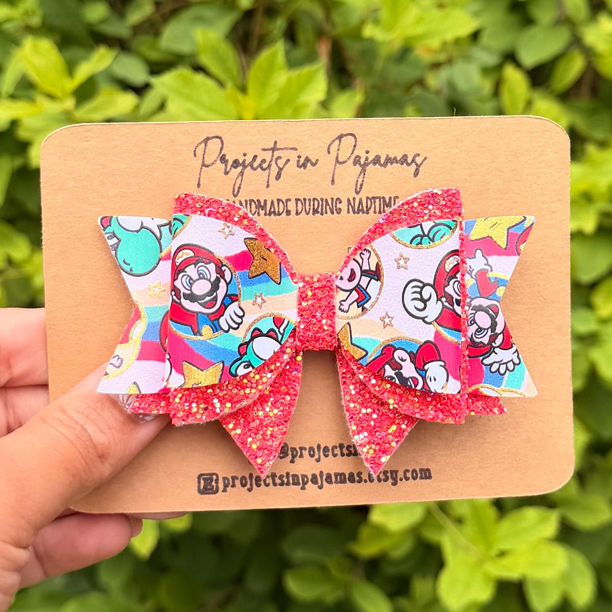 Mario Red Faux Leather Glitter Hair Bow