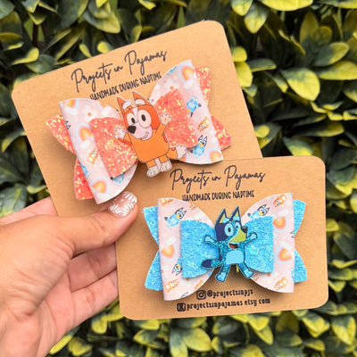 Blue & Orange Dog Pastel Glitter Hair Bows | Pigtail Set