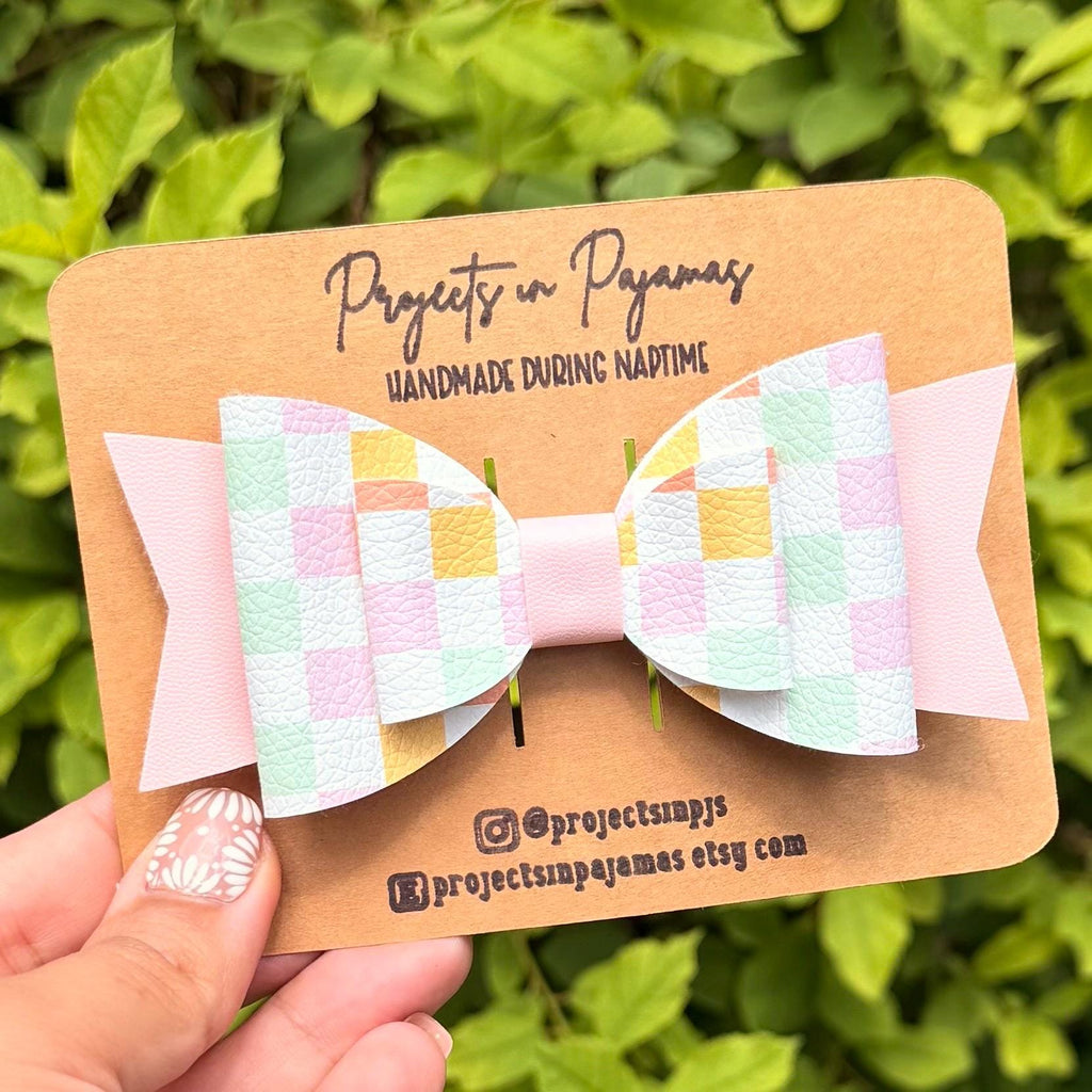 Pastel Checkered Faux Leather Hair Bows
