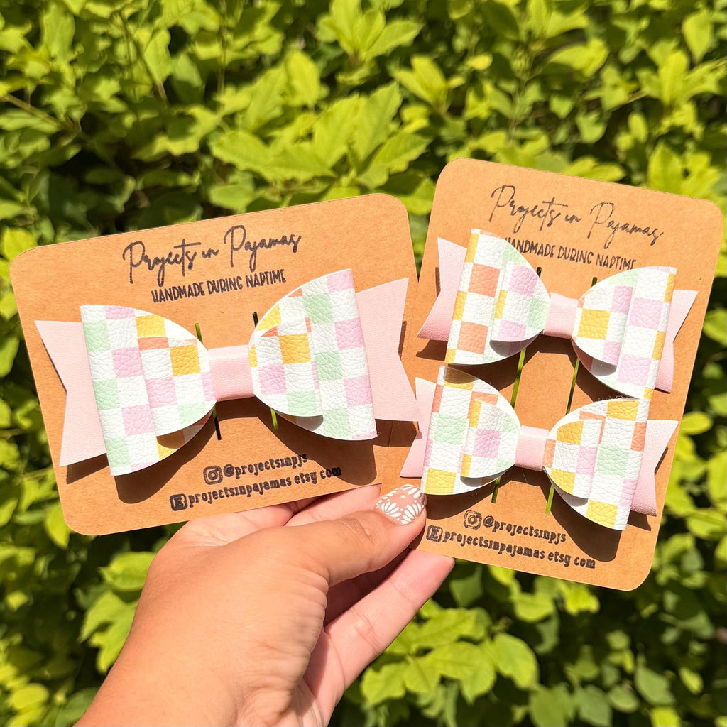 Pastel Checkered Faux Leather Hair Bows