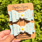 Pastel Blue Daisy Faux Leather Hair Bows