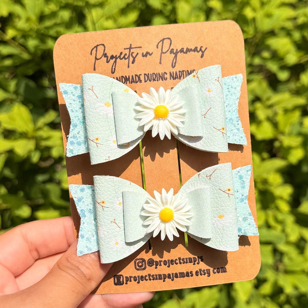 Pastel Blue Daisy Faux Leather Hair Bows