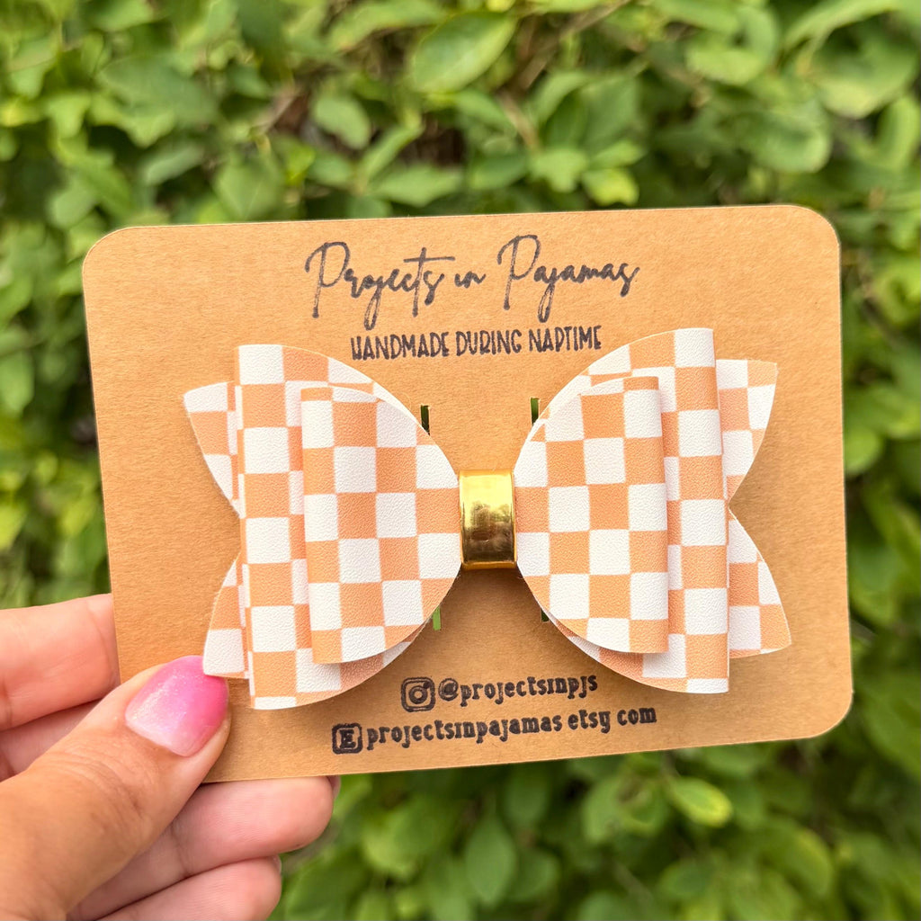 Pumpkin Spice Orange Checkered Faux Leather Hair Bows