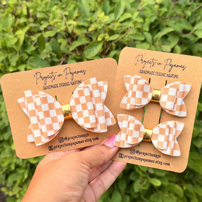 Pumpkin Spice Orange Checkered Faux Leather Hair Bows